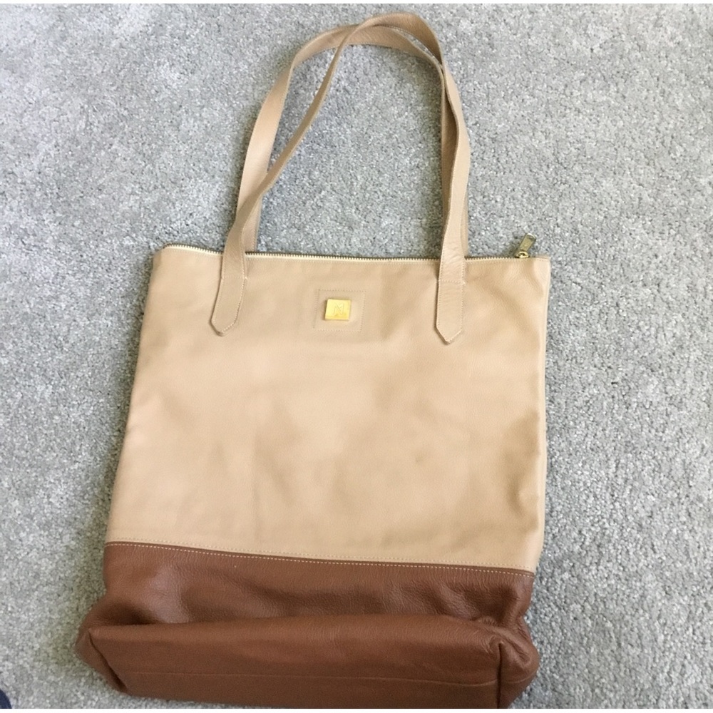 NELLY O  “Leather” Purse Cream & Tan great fabric interior pinks/yellow/orange.